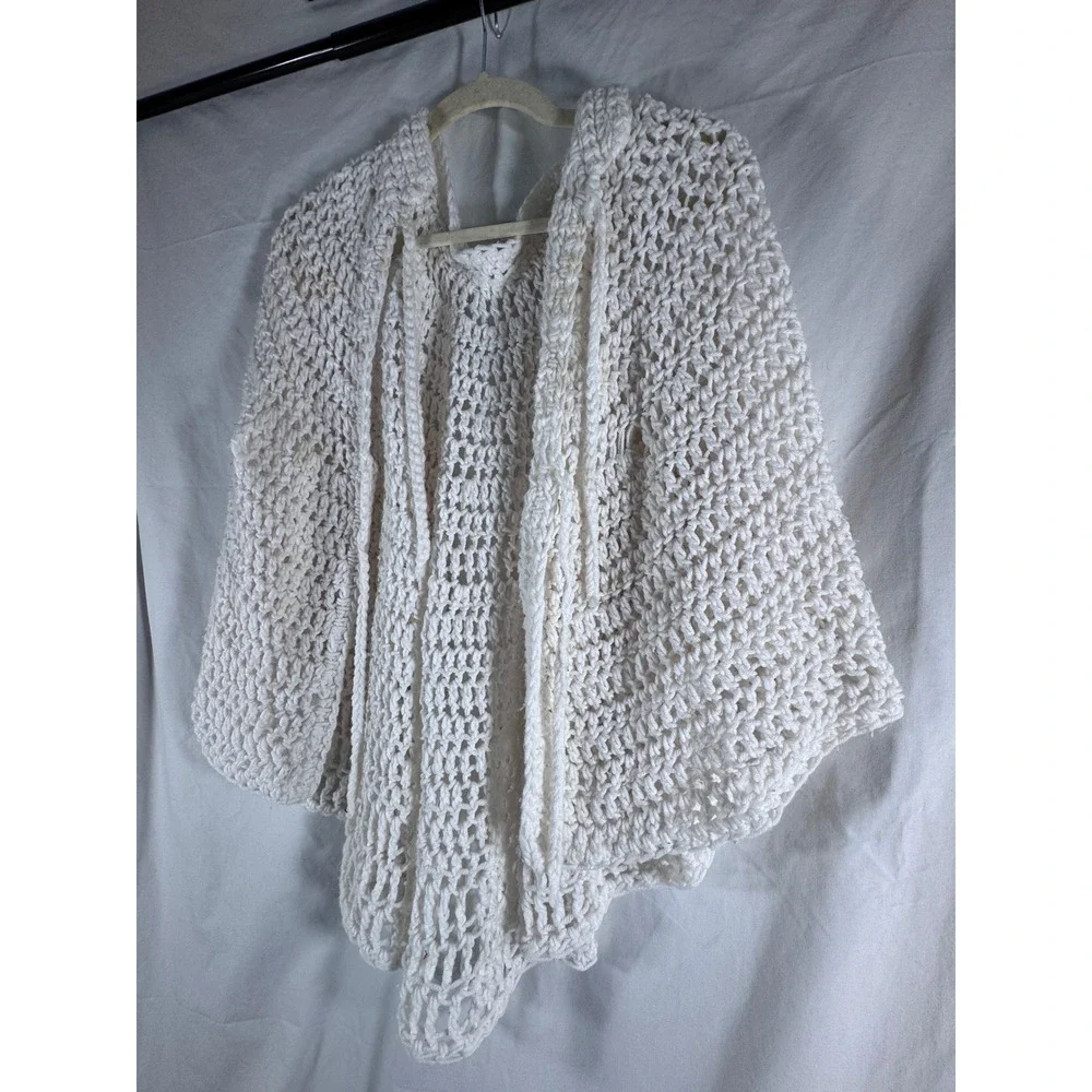 Handmade Crochet Shawl Wrap Cream White Open Knit Tie Front Bed Jacket Cape
